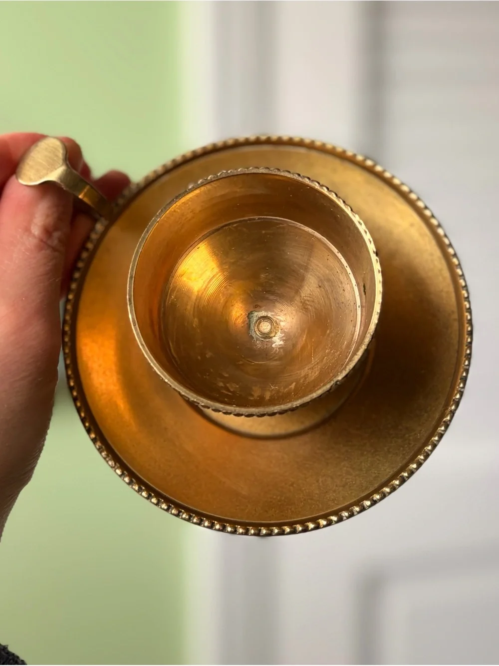 Vintage Golden Metal Chamber Style Candle Holder with Beaded Rim
